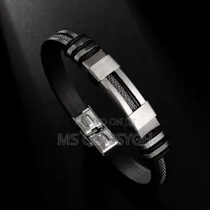 Mens Stainless Steel Bracelet Silicone Black Wristband Punk