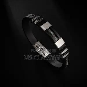 Mens Stainless Steel Bracelet Silicone Black Wristband Punk