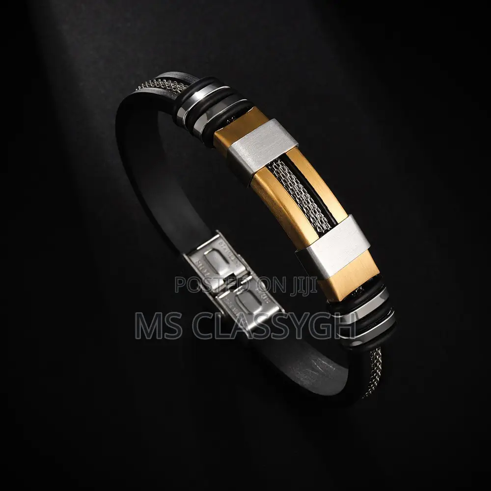 Mens Stainless Steel Bracelet Silicone Black Wristband Punk