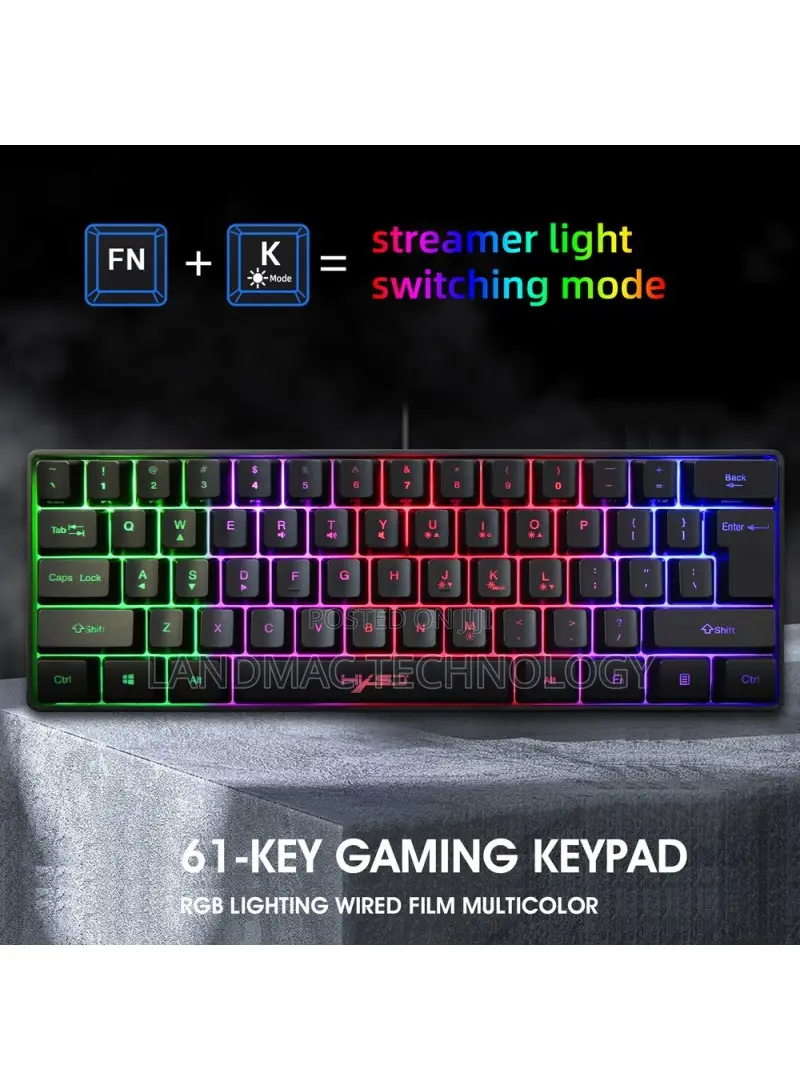 61 Keys USB Wired Gaming Keyboard With Colorful Backlight Fo
