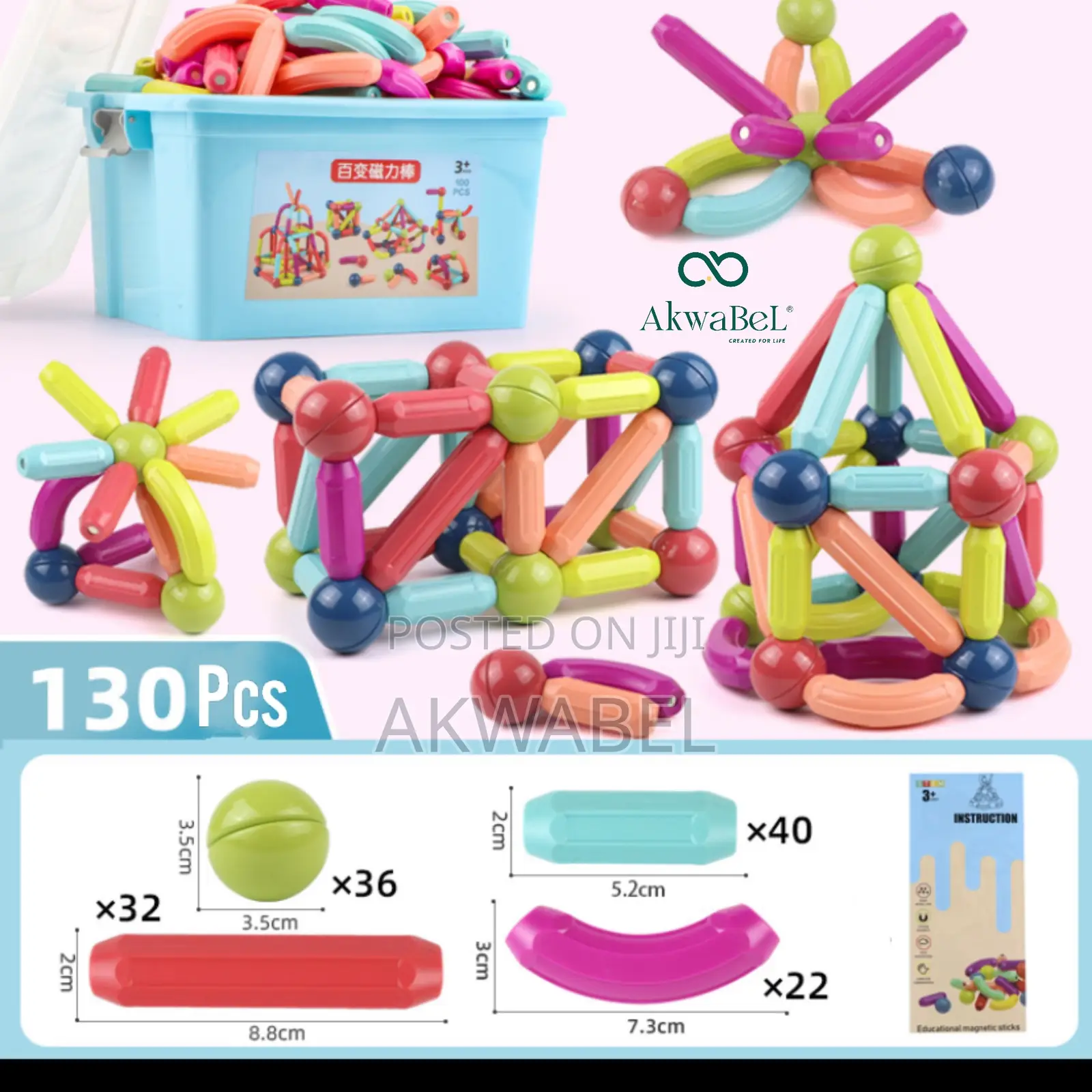 Kids Magnetic Building Toys (130pcs of Sticks and Balls)