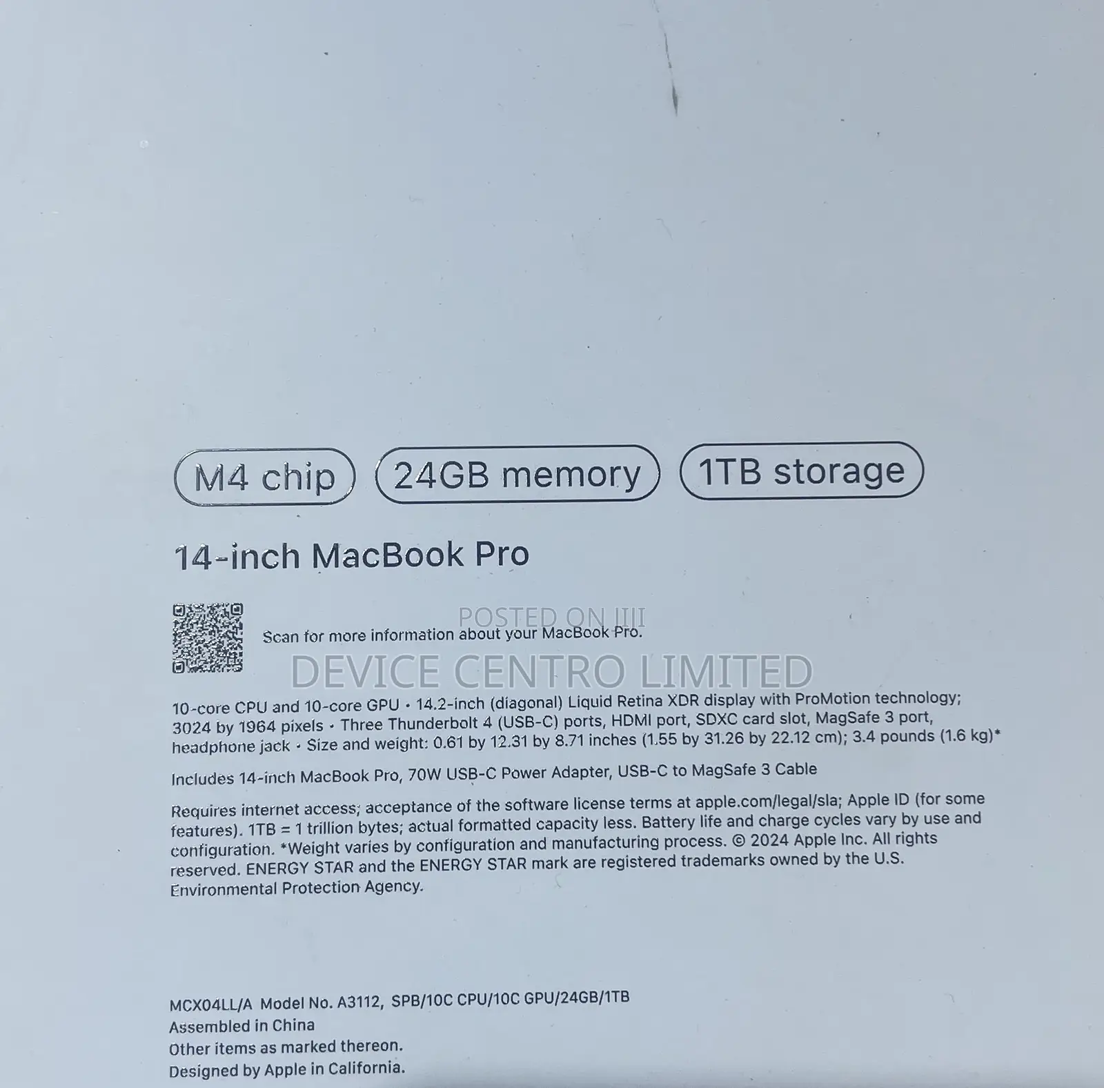 New Laptop Apple MacBook Pro 2024 M4 14-inch 24GB Apple M4 SSD 1T