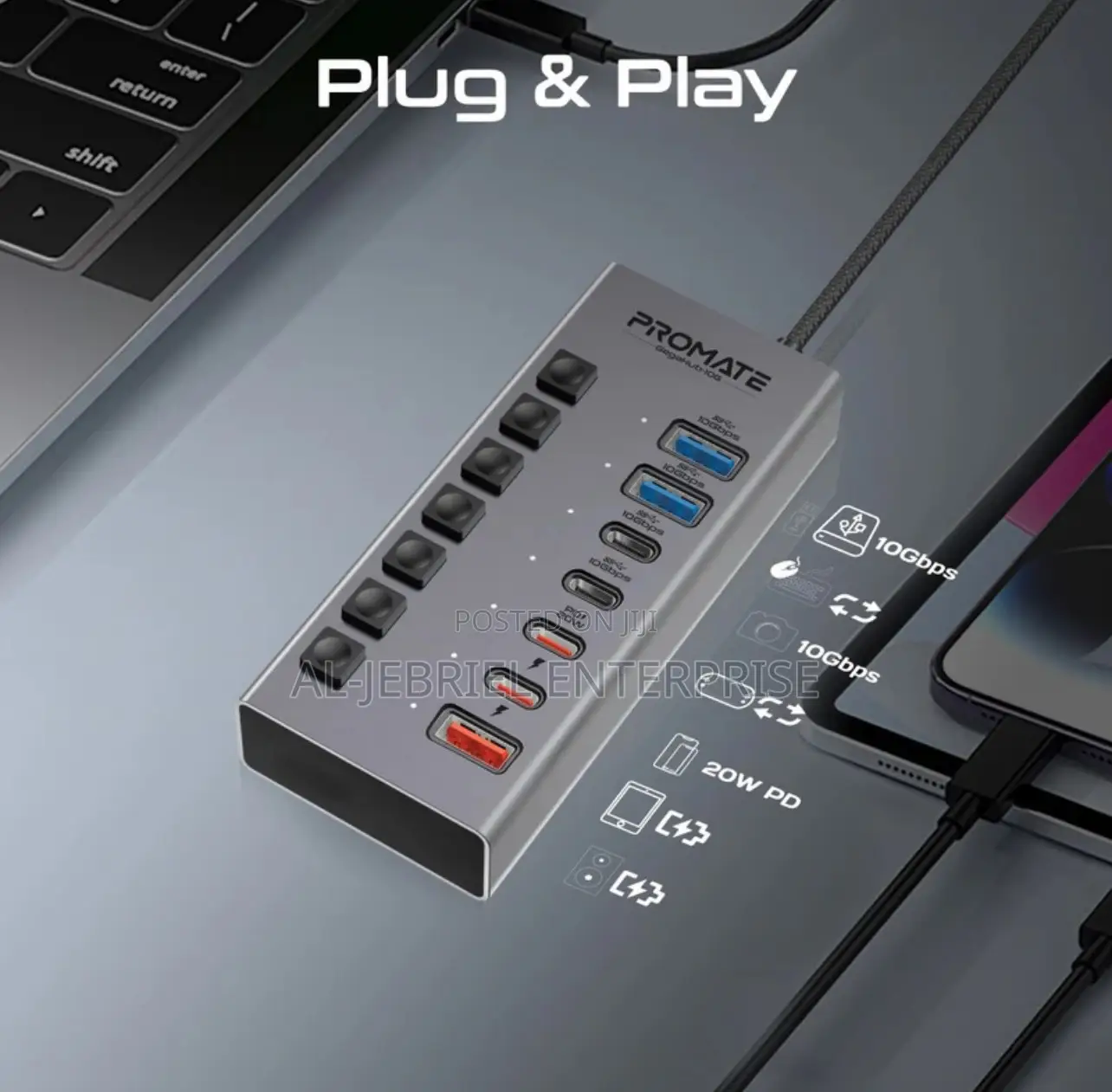 Plug Play Promate Gegahub-10g UK 20w Powerdelivery USB Hub