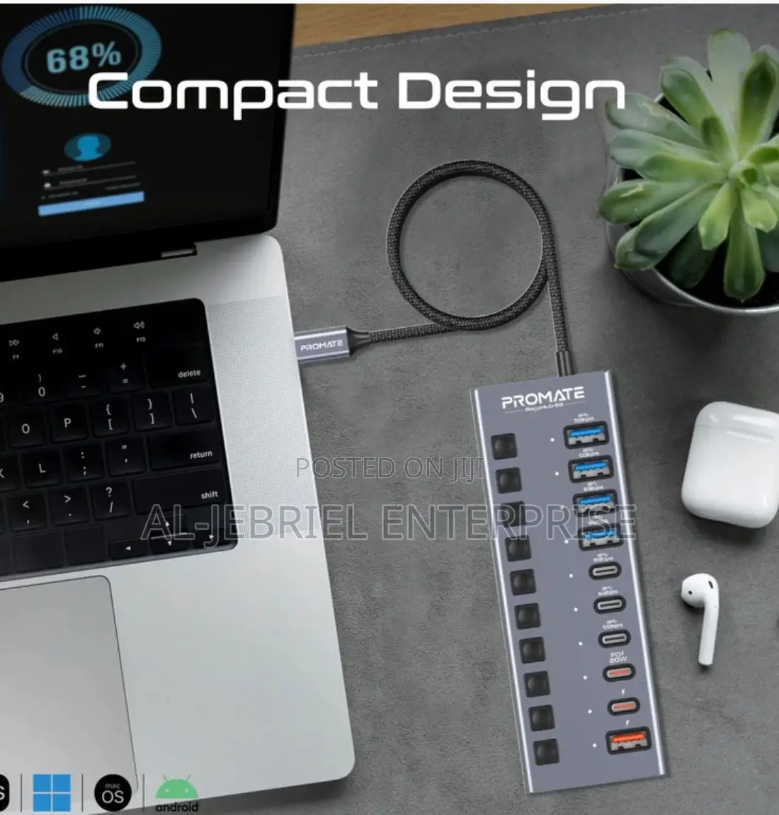 Compact Design Promate Multiport Data and Charge Usb-C Hub