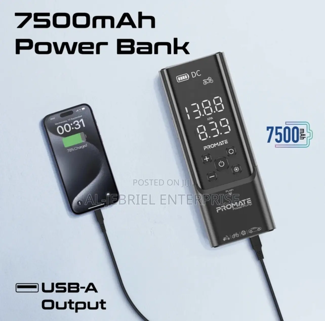 Electronic Air Pump Promate Powerpump With 7500mah Powerbank