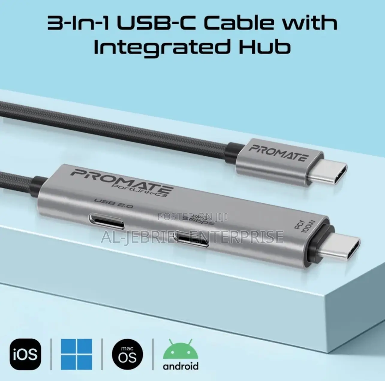 Promate Portlink-C3 100W PD USB-C to USB-C Data Charge Hub