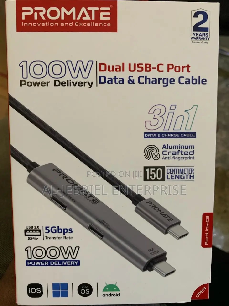 Versitile Portlink-C3 Promate 100w PD DUAL USB-C Port Cable