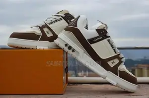 White and Brown LV Denim Trainer