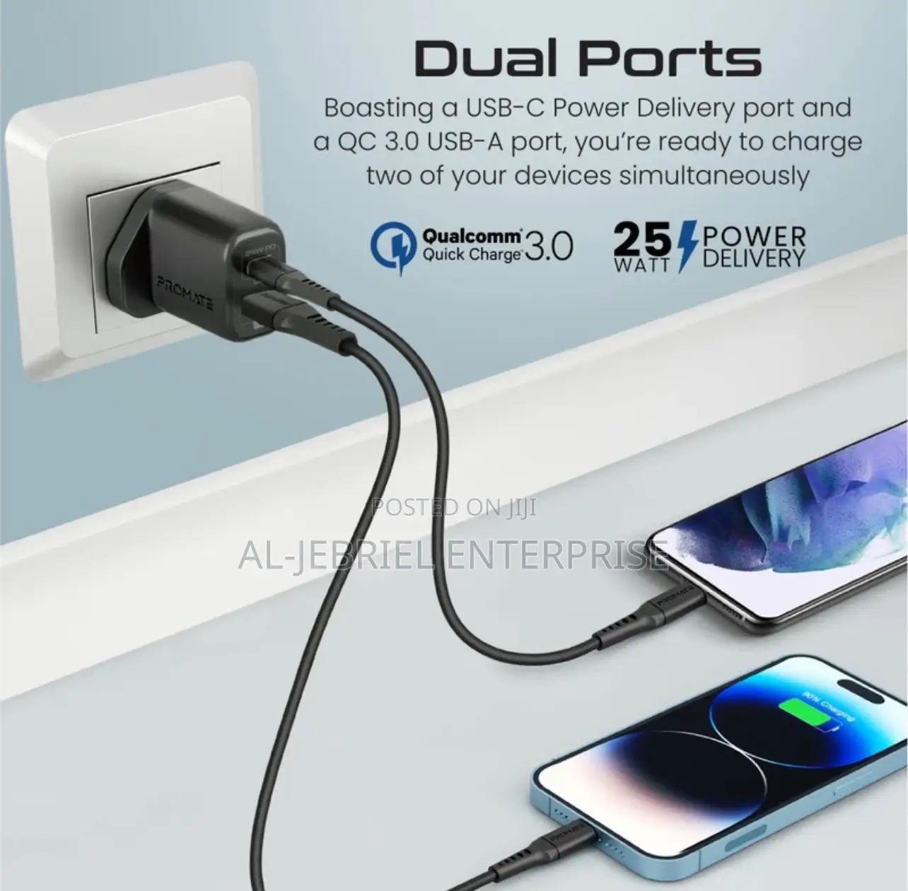 Promate CHARGEKIT 25W Power Delivery Dual Port Adapter