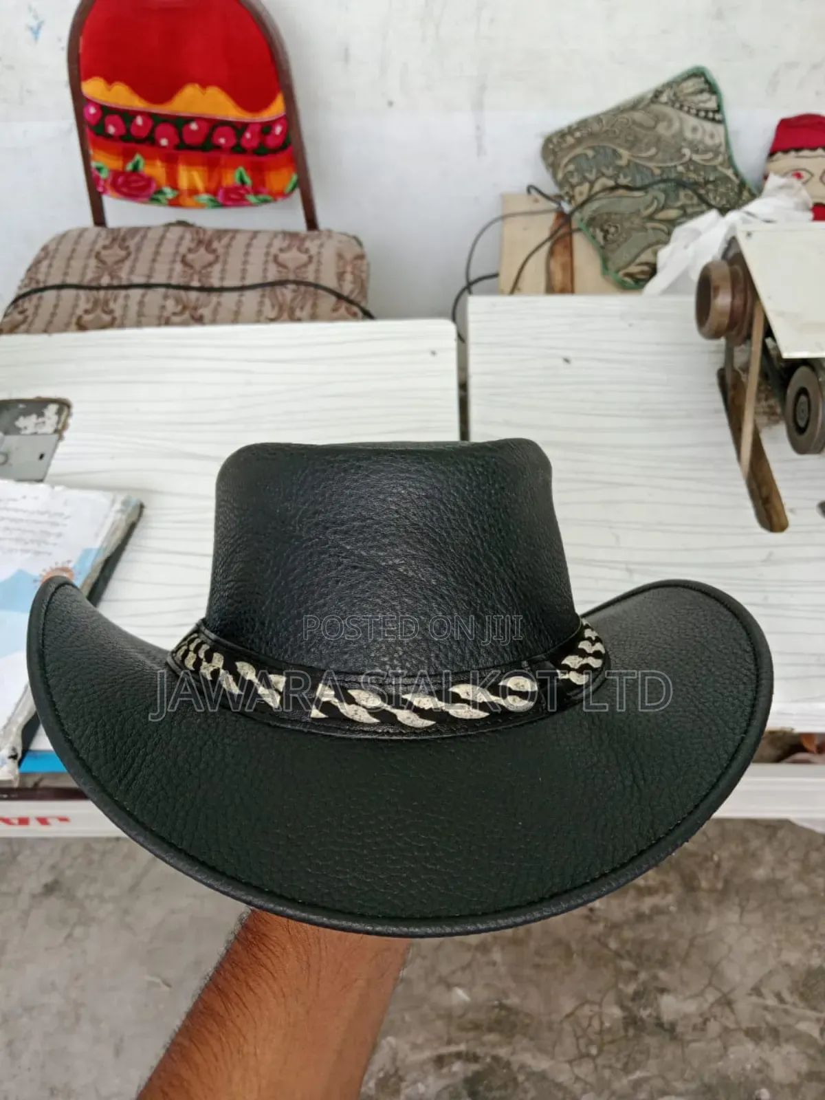 Rolled Brim Cowboy Leather Hat For Festival Gathering Adult Hand Made