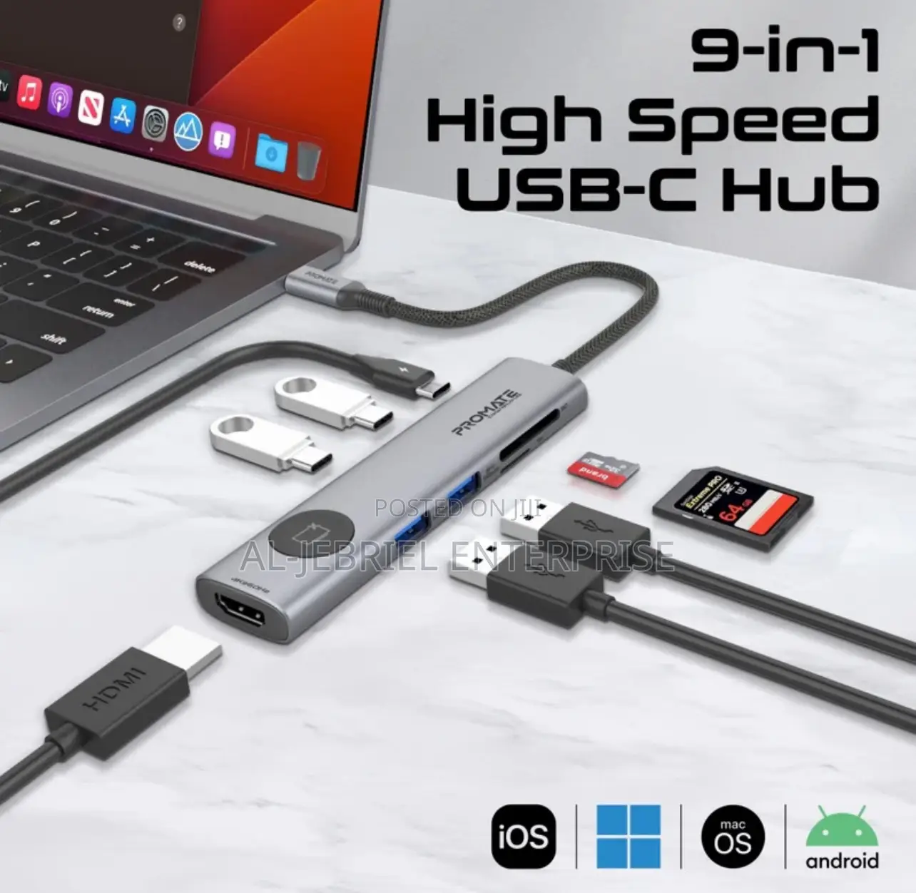 Promate Comandhub-Lite 9 Port USB-C Hub HDMI Display+100W PD