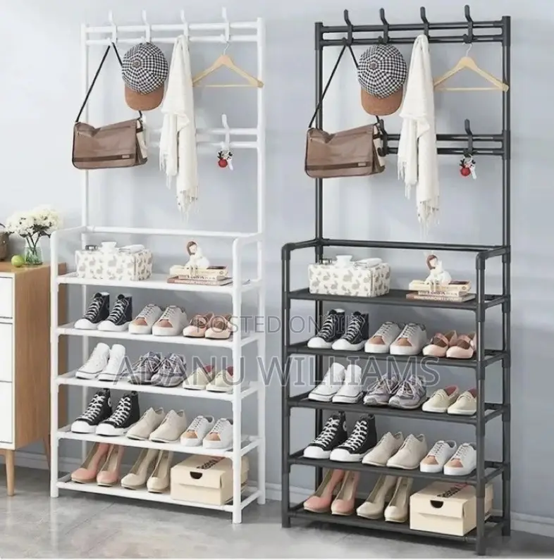 5tiers Metal Shoe Rack Hat Rack With 16 Hooks