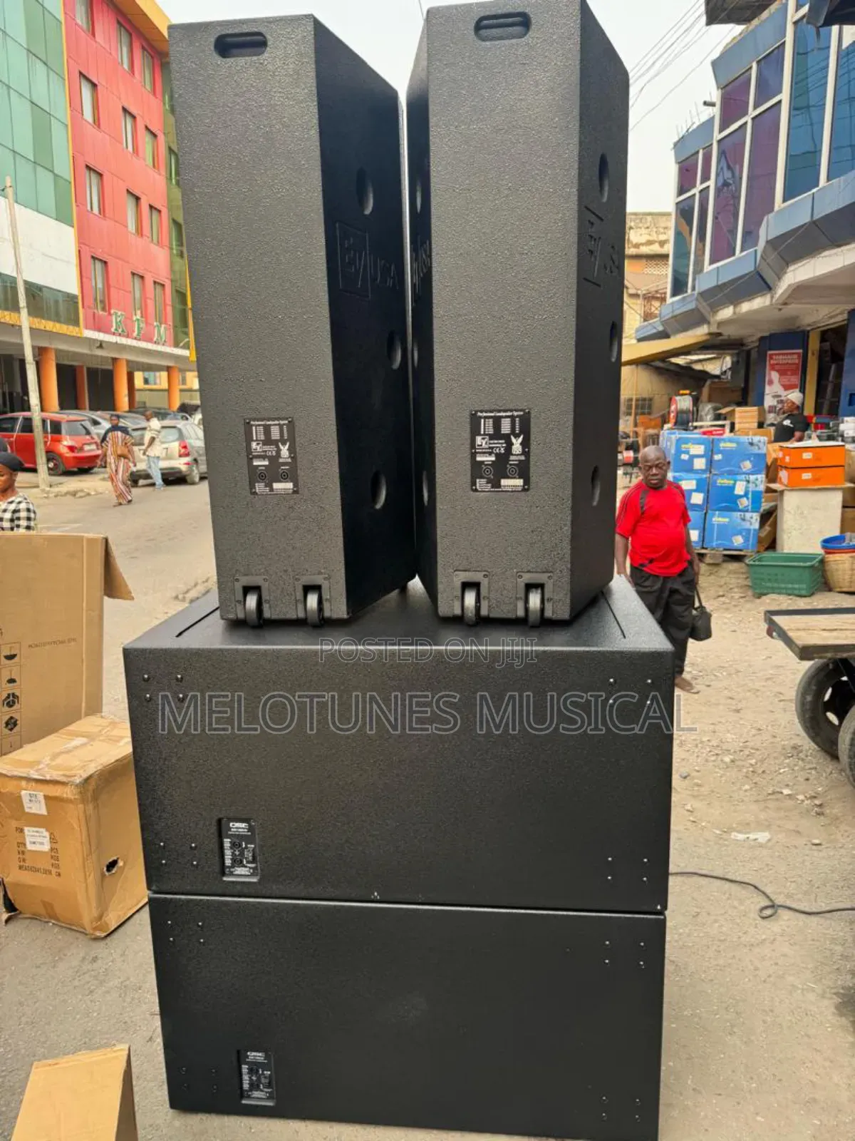 Full Set of Ev Mid and QSC Bass Speakers With Amp Rack