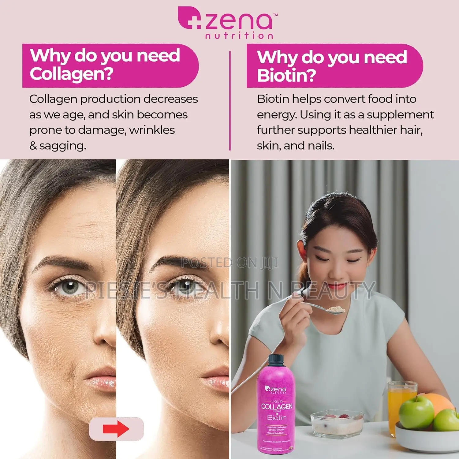 Zena Liquid Collagen for Women Men Collagen Peptides+Biotin