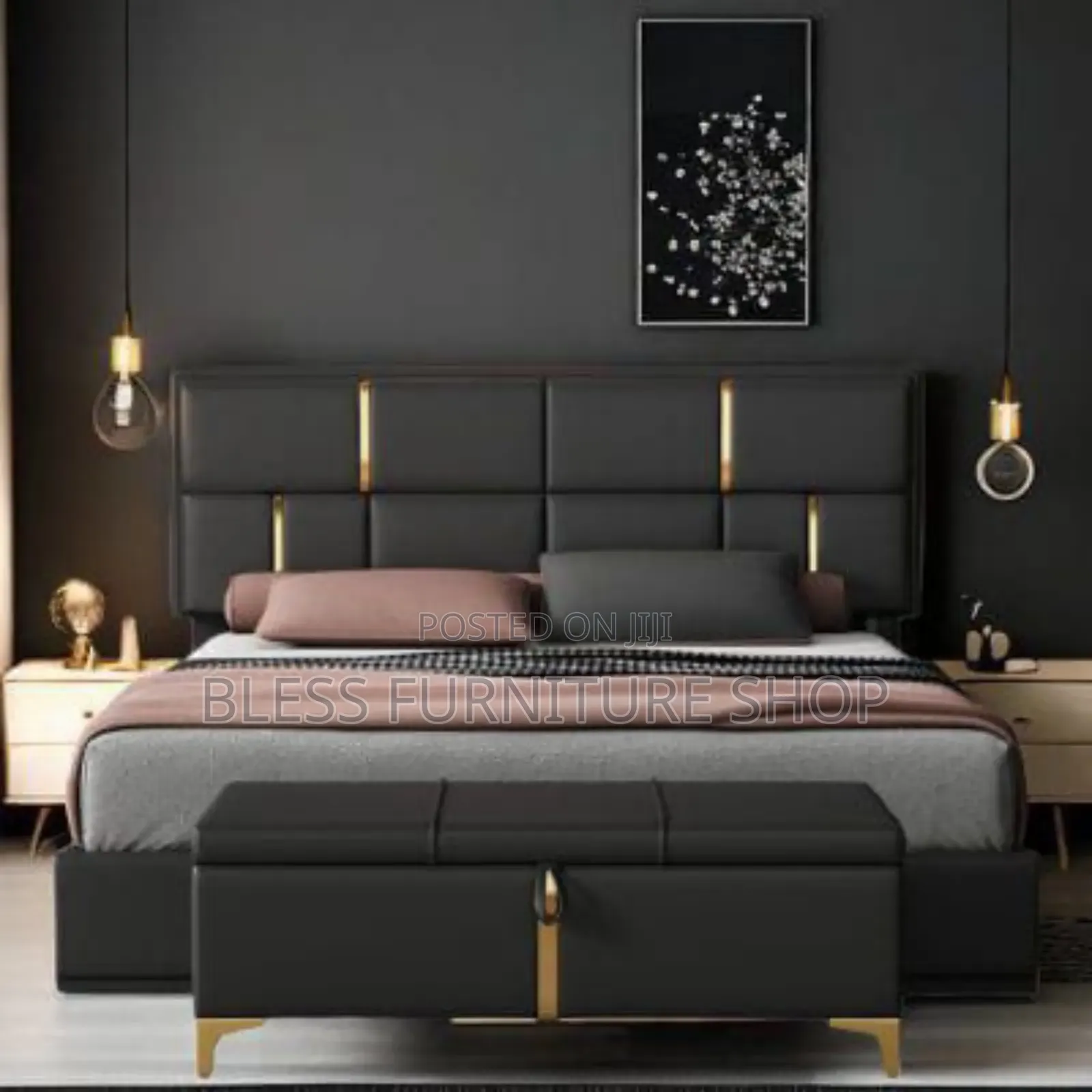 Black and Gold Queen Size Bed Frame and Ottoman