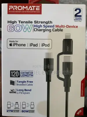 Promate 2-in-1 Mfi USB-C to USB-C and Lightning 60w Cable