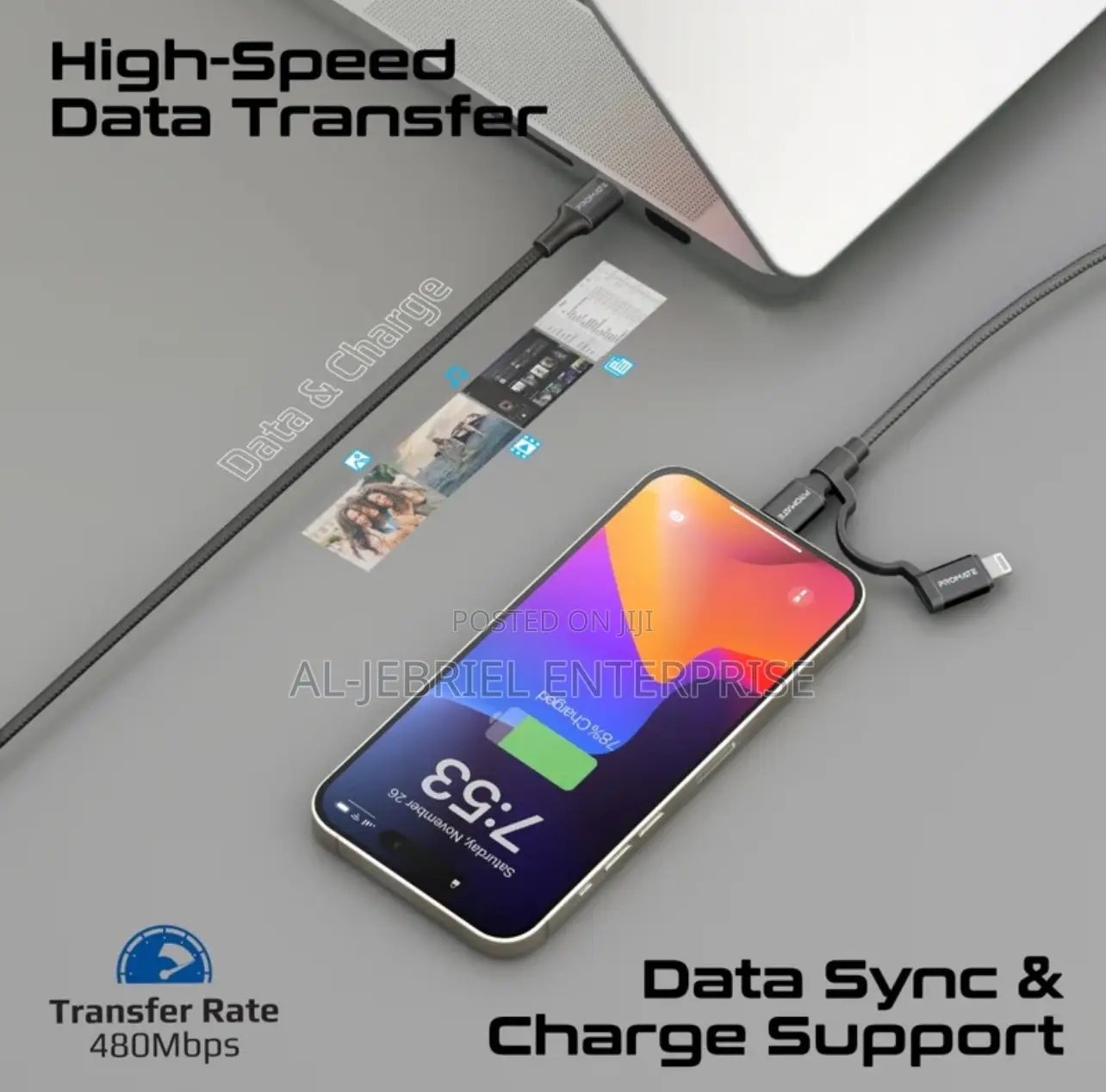 Promate 2-in-1 Mfi USB-C to USB-C and Lightning 60w Cable