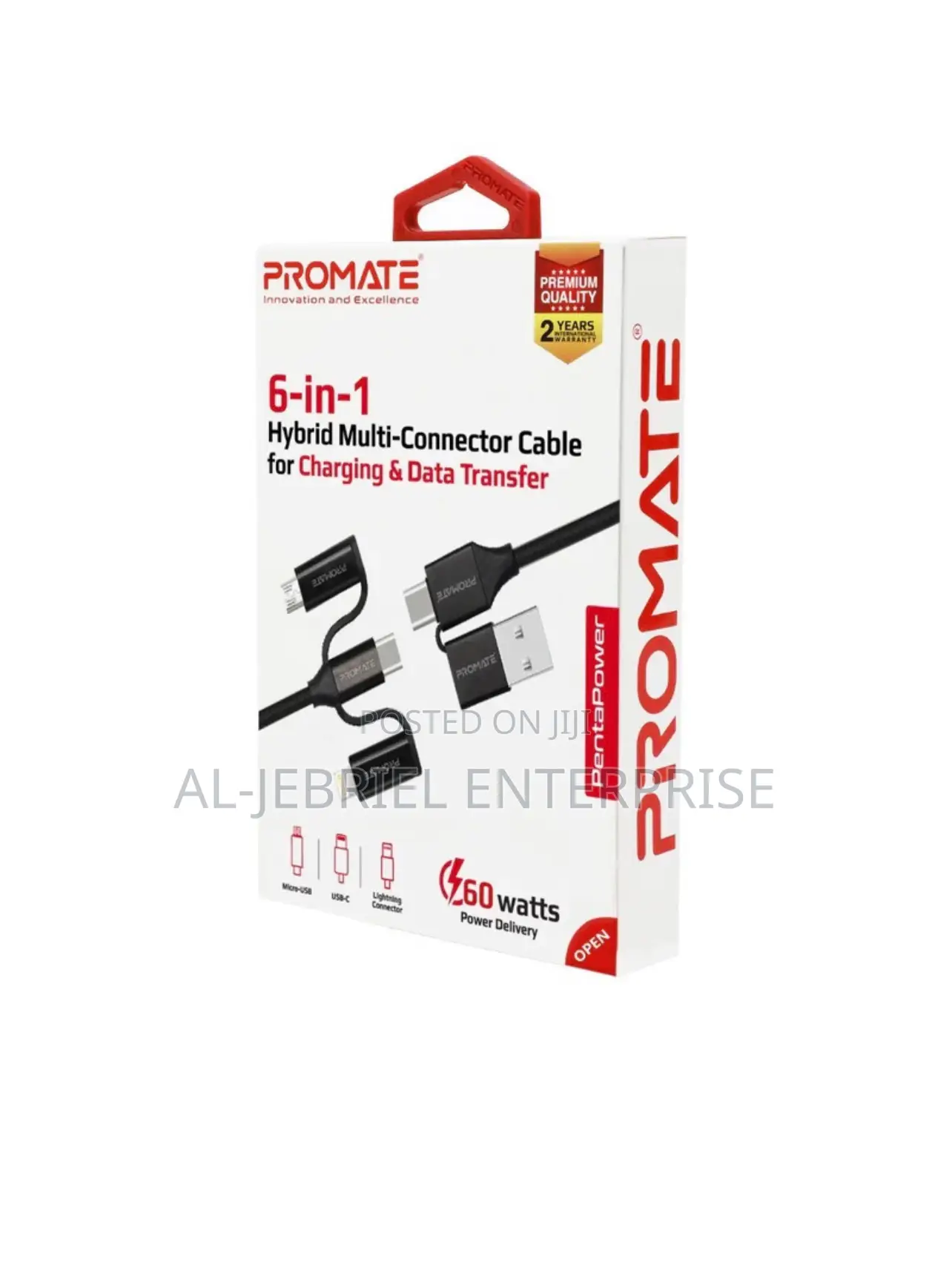Promate 60w PD 6- In1 Hybrid Multi-Connector Cable