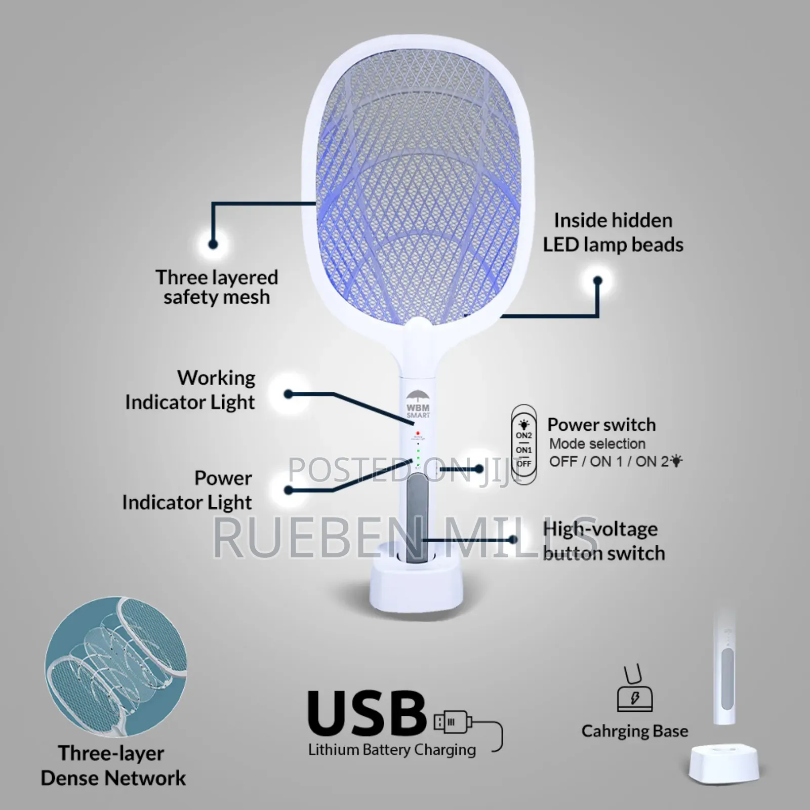 Handheld Chargeable Mosquito Killer Bat Swatter With Stand