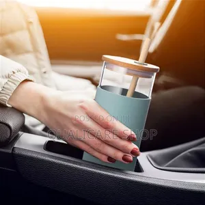 500ml Glass Cup With Bamboo Cover, Straw and Silicon Sleeve