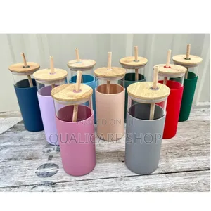 500ml Glass Cup With Bamboo Cover, Straw and Silicon Sleeve