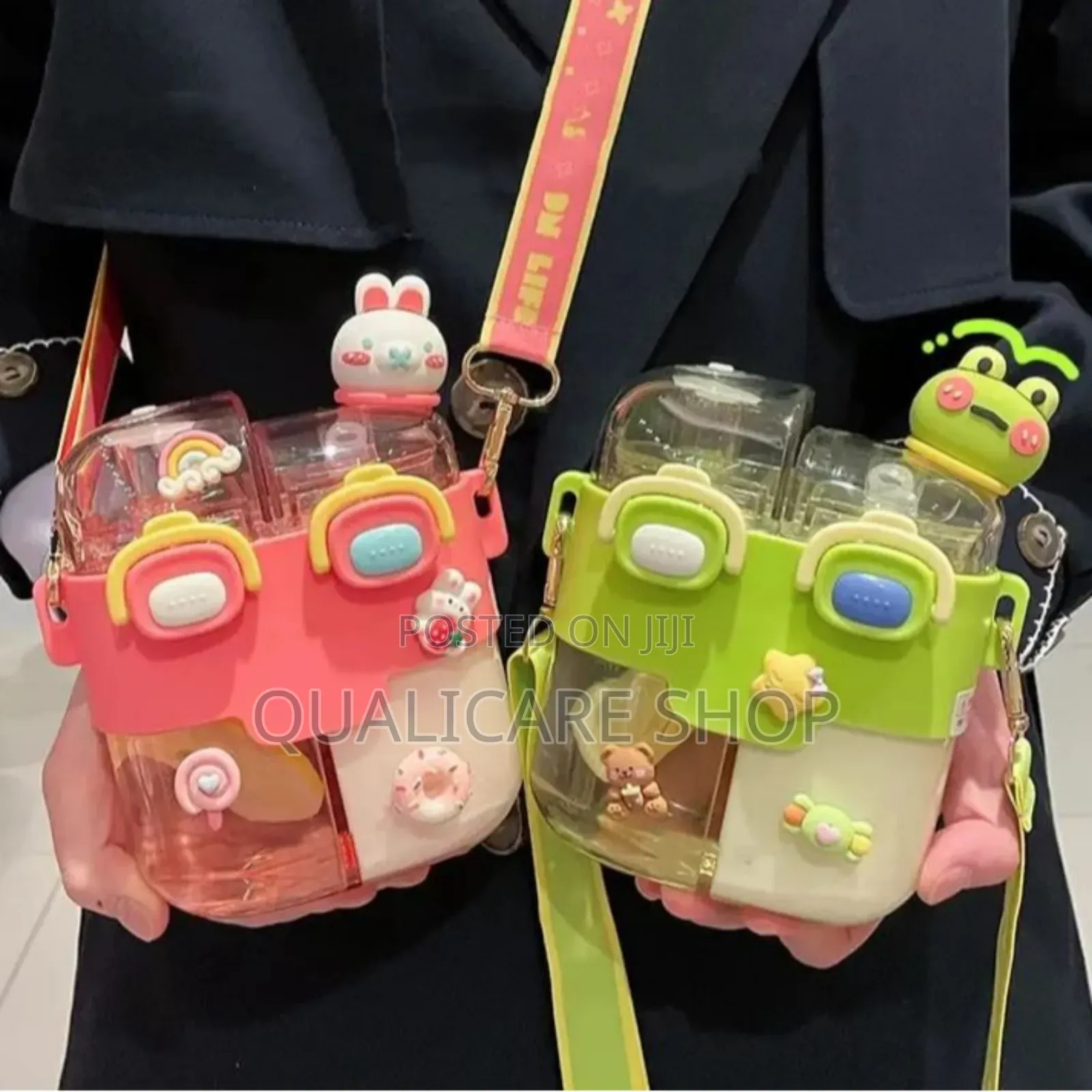 Cartoon Double Container Water Bottle With Straw