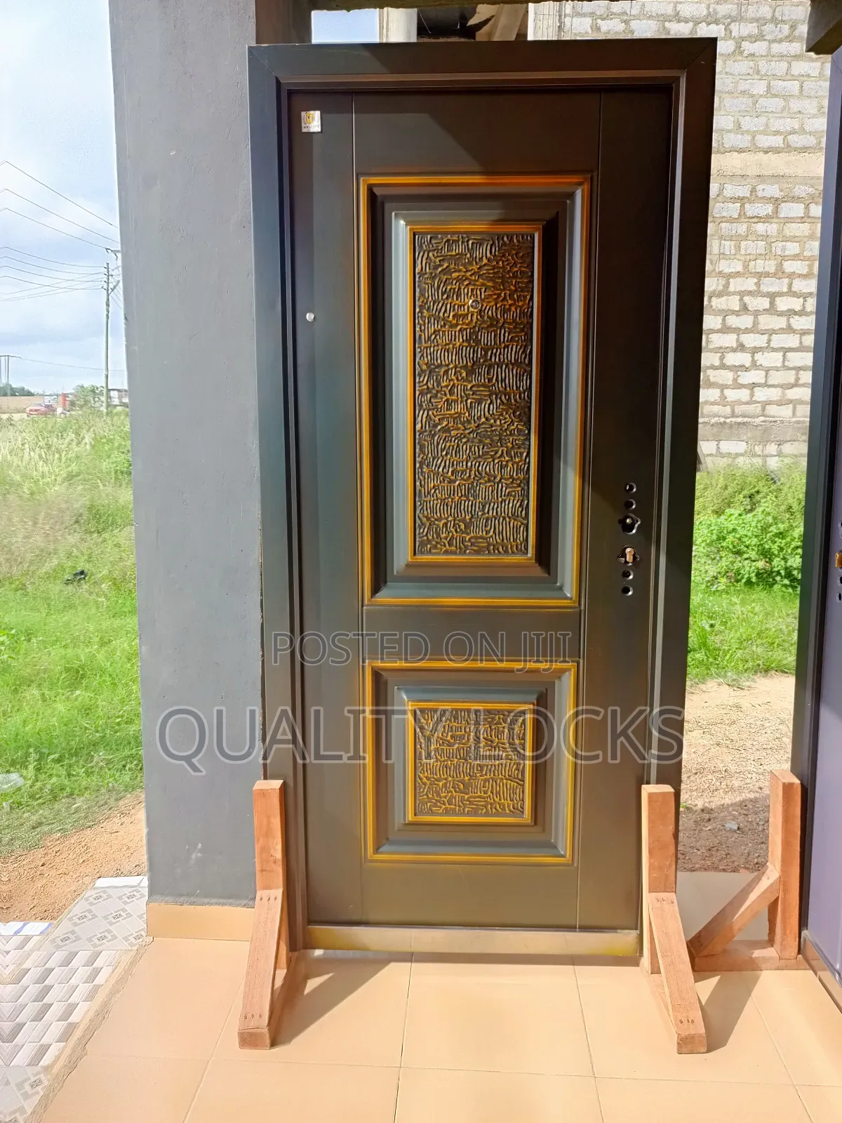 Single Black Exterior Metal Door With Accessories