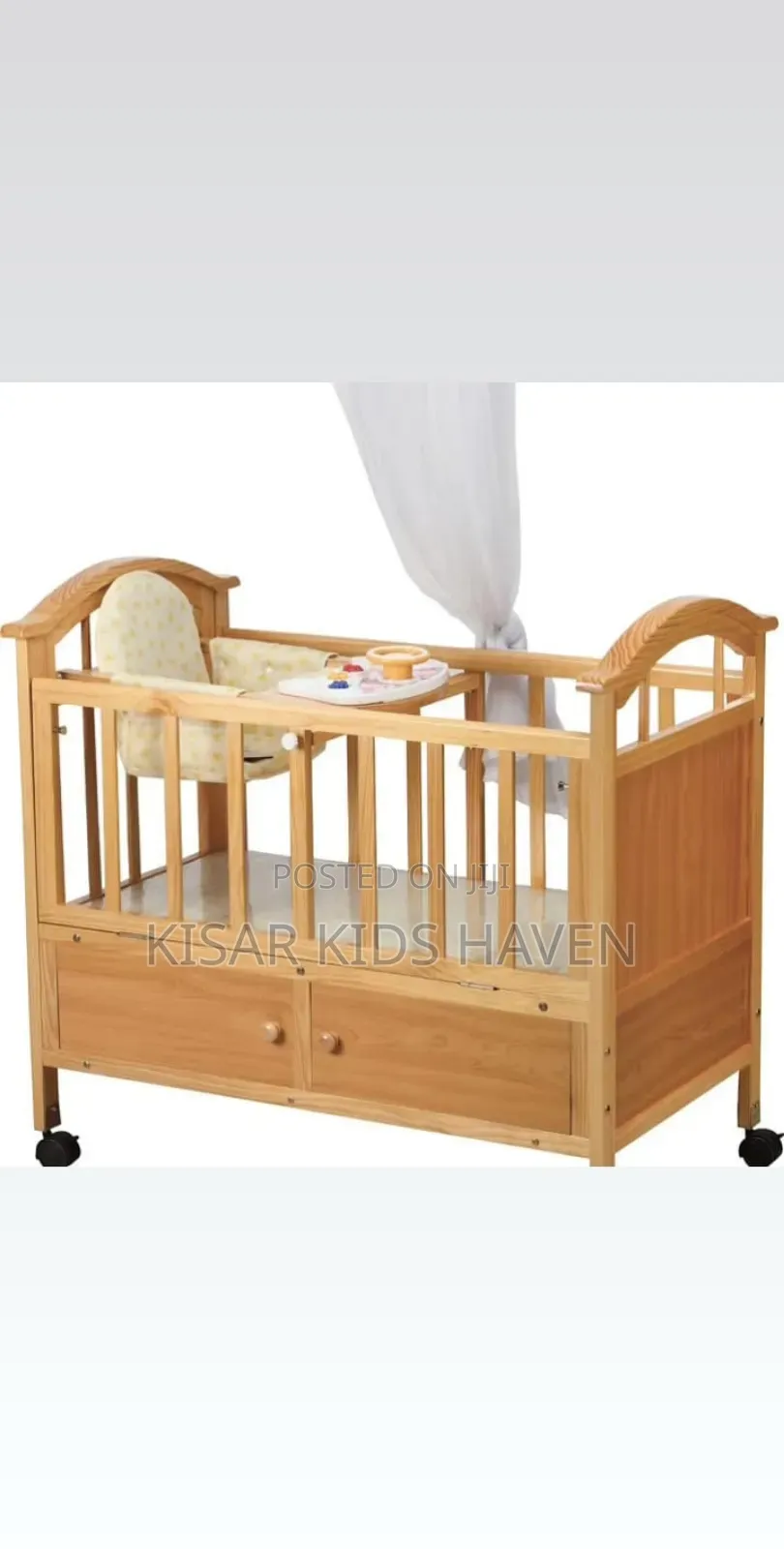 Baby Wooden Cot With Net and Build in High Chair With Music
