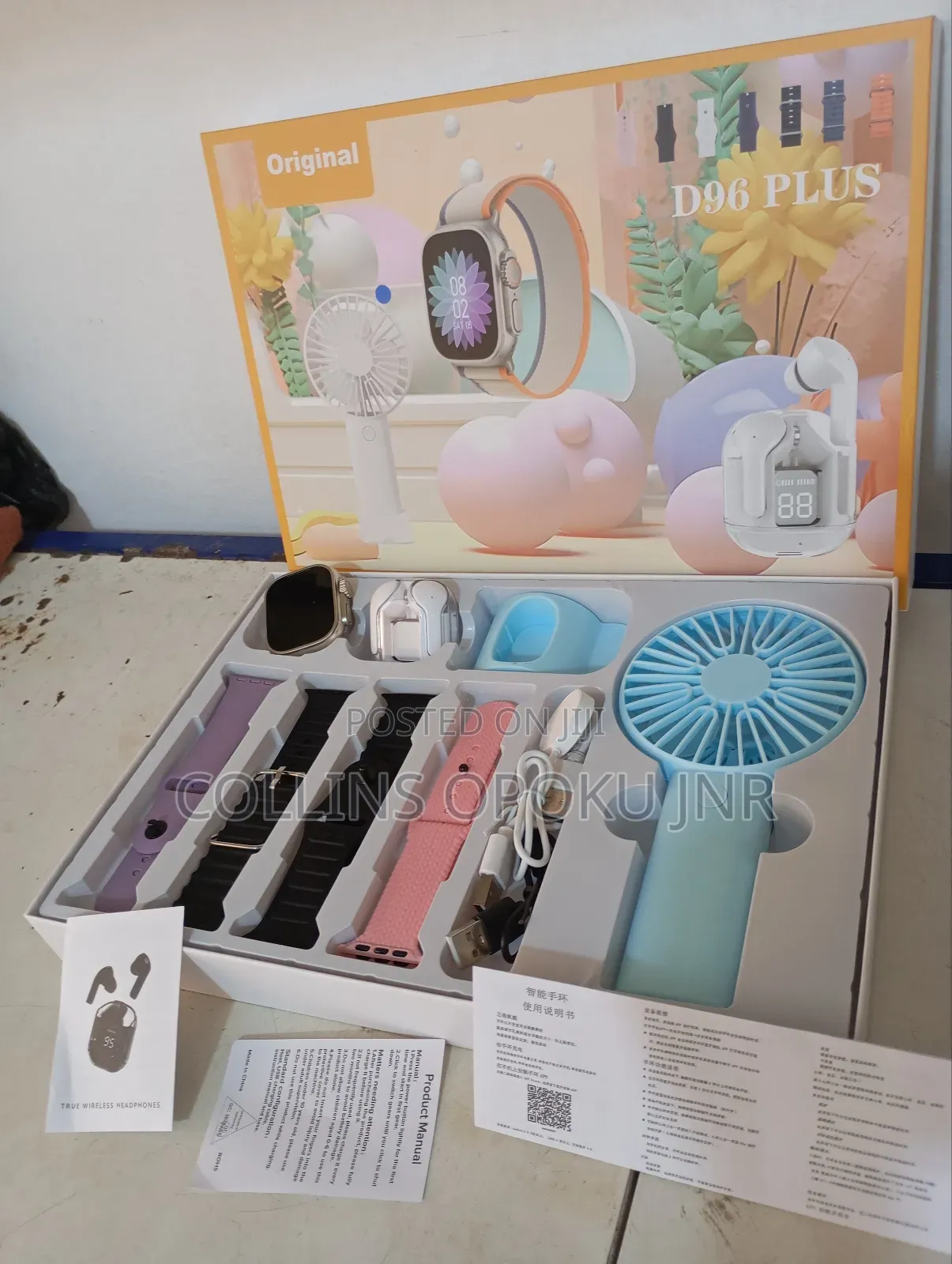 D96 Plus Smartwatch With Mini Hand Fan Earbud Set - Blue