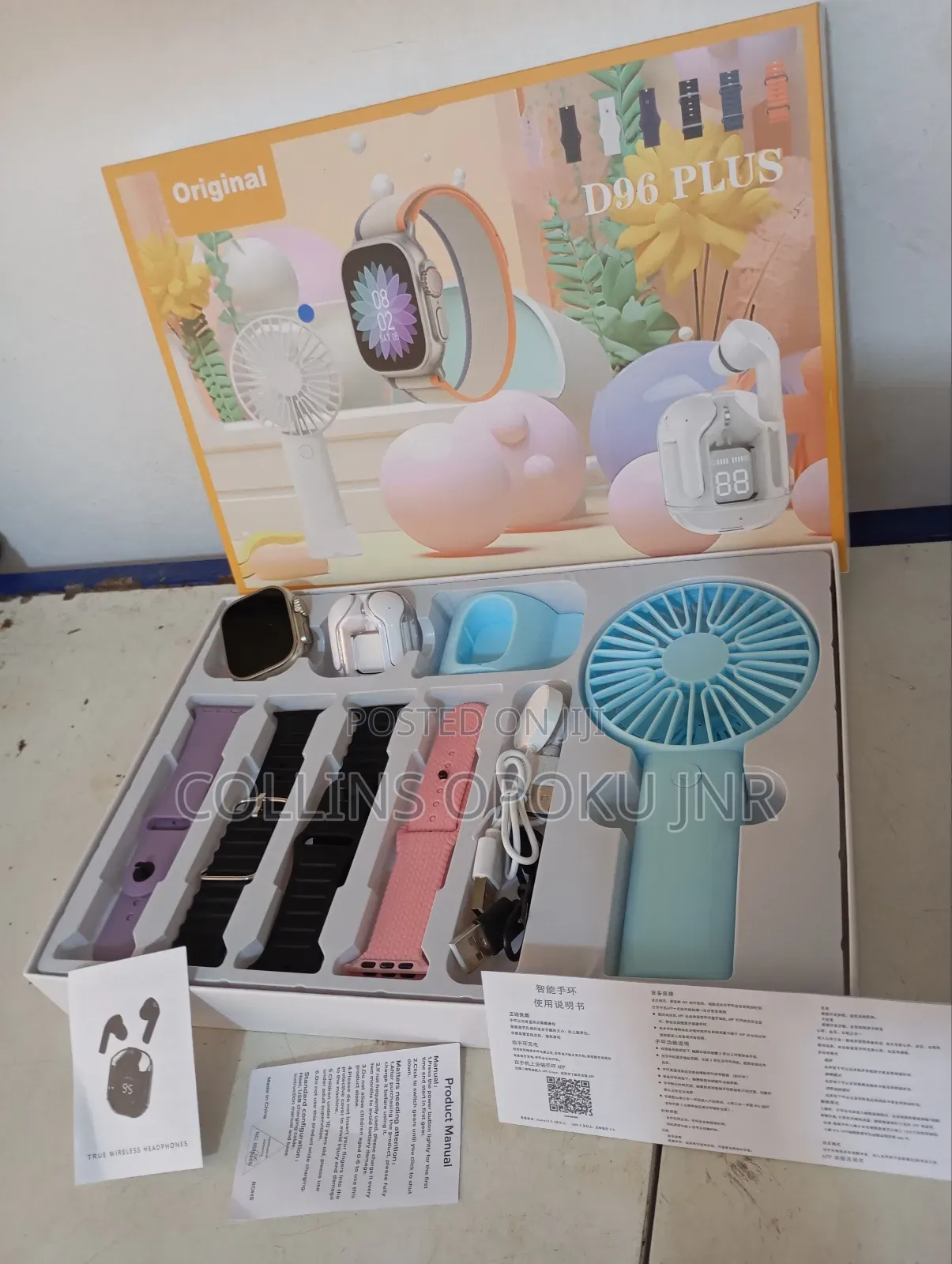 D96 Plus Smartwatch With Mini Hand Fan Earbud Set - Blue