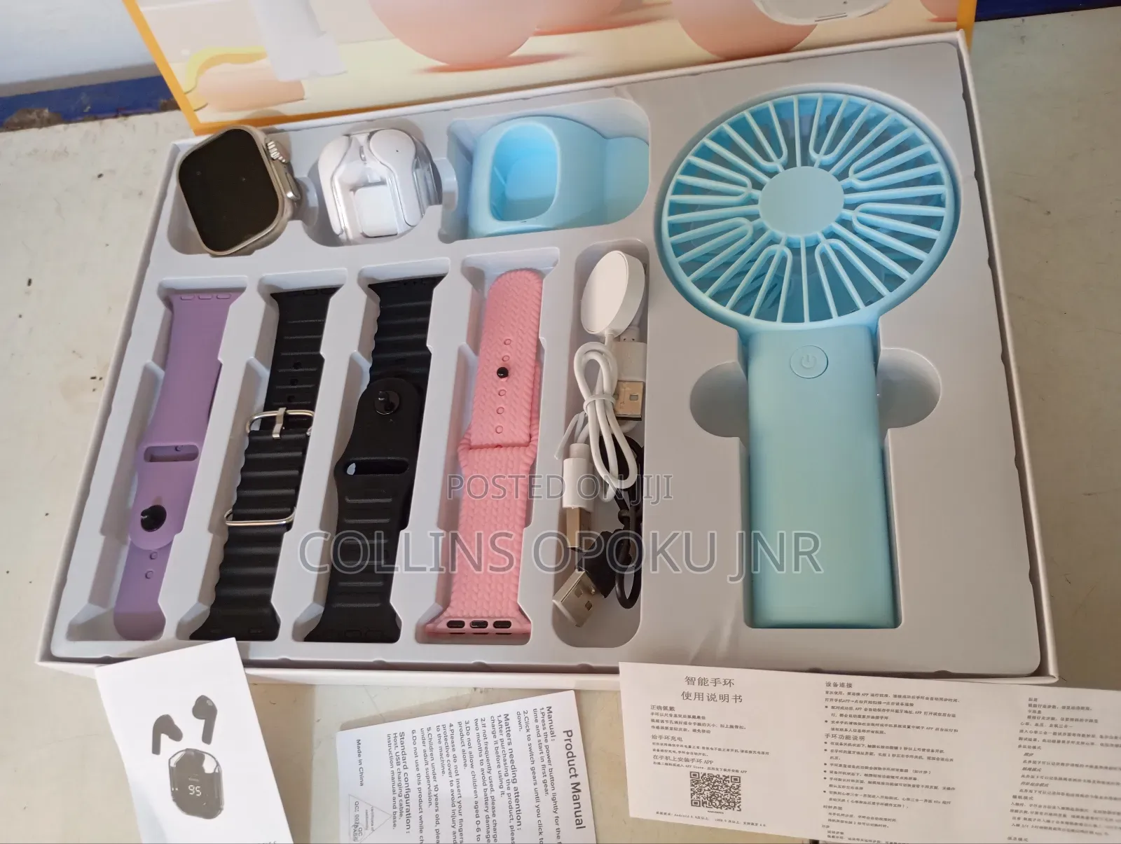 D96 Plus Smartwatch With Mini Hand Fan Earbud Set - Blue