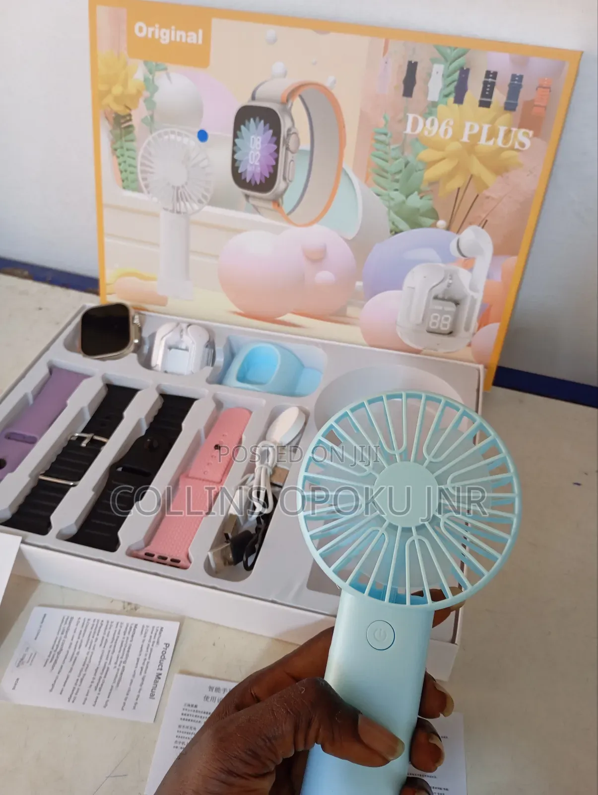 D96 Plus Smartwatch With Mini Hand Fan Earbud Set - Blue