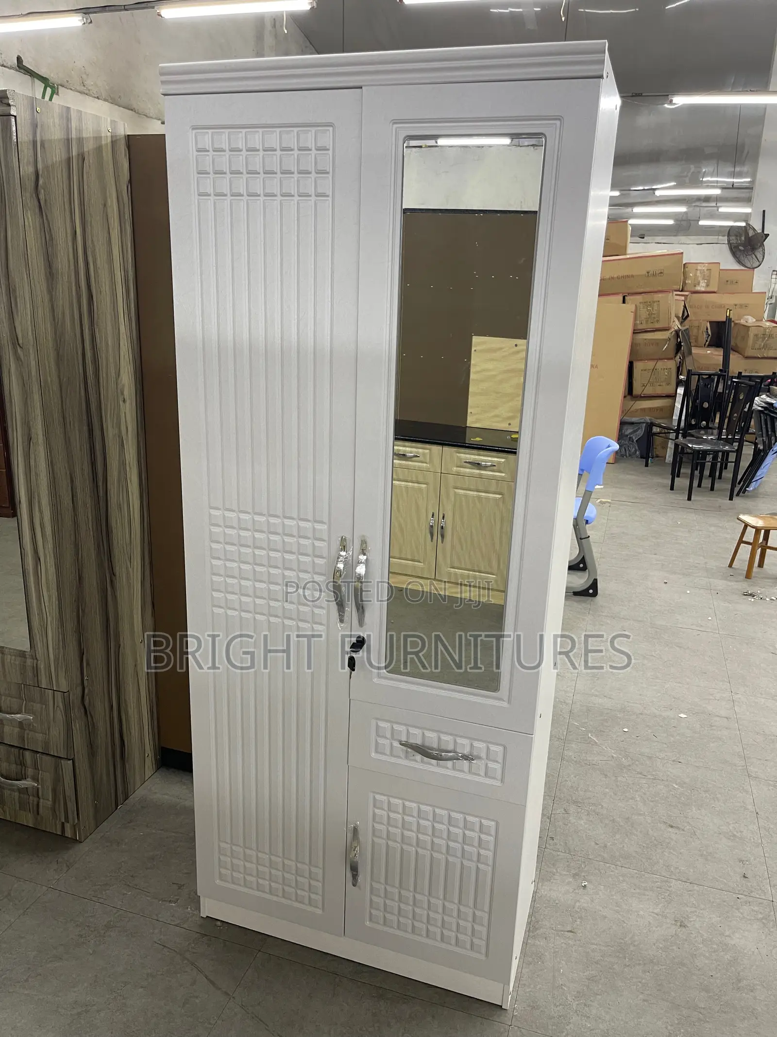 Solid Wooden Design 2 Door Wardrobe With Drawer and Mirror