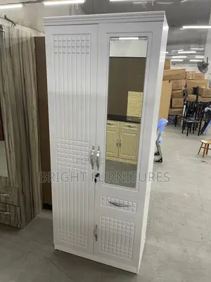 Solid Wooden Design 2 Door Wardrobe With Drawer and Mirror