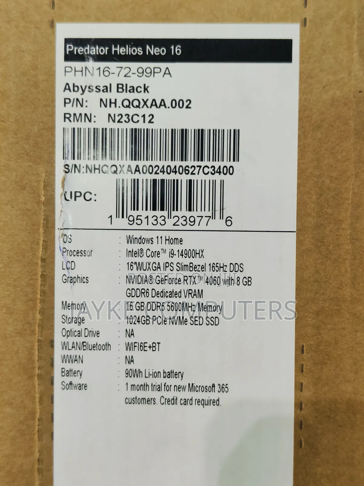 New Laptop Acer Predator Helios Neo 16 16GB Intel Core I9 SSD 1T