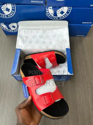 Arizona Birkenstock Red Strap, Black Footbed