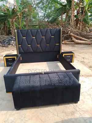 Black Double Bed Frame With Side Drawer and Ottoman