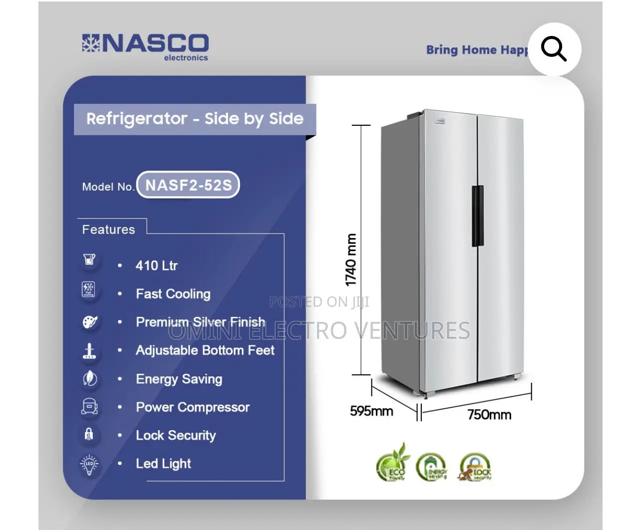 Brand New Nasco Side by Side Refrigerator ( 410) Liters