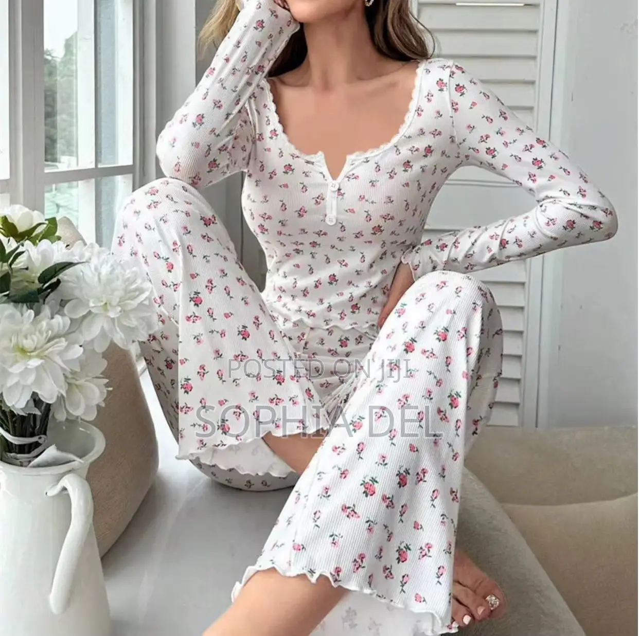 Floral V Neck Long Sleeve Top And Down