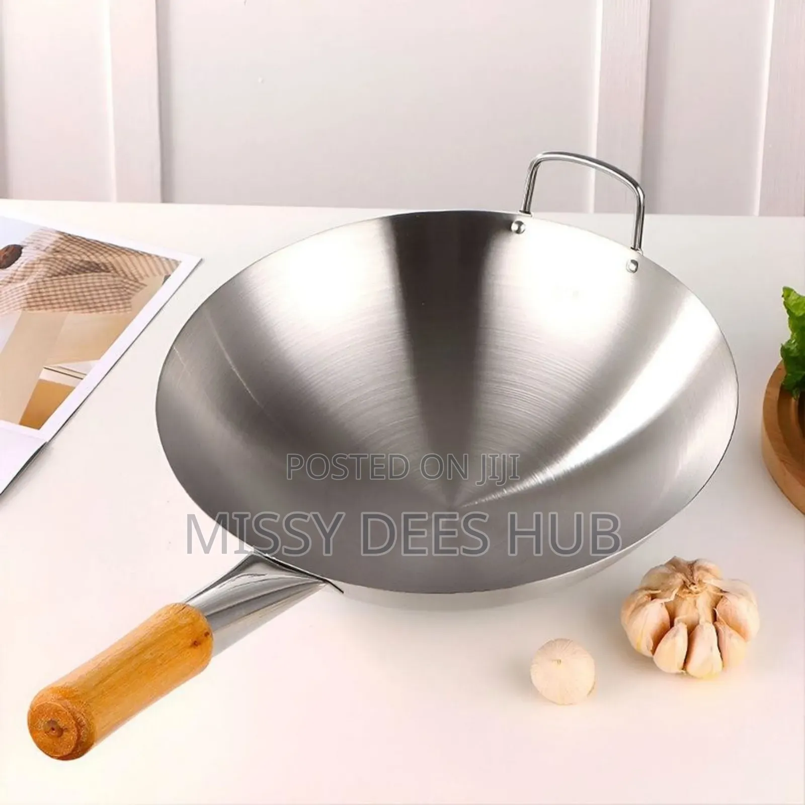 40cm Stainless Steel Wok With Long Wooden Handle