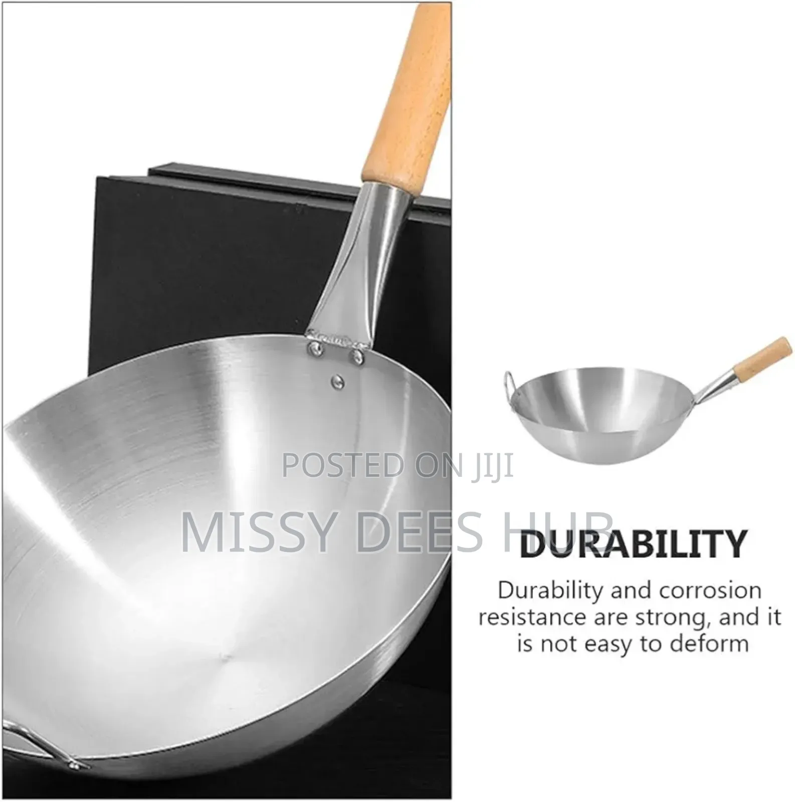 40cm Stainless Steel Wok With Long Wooden Handle