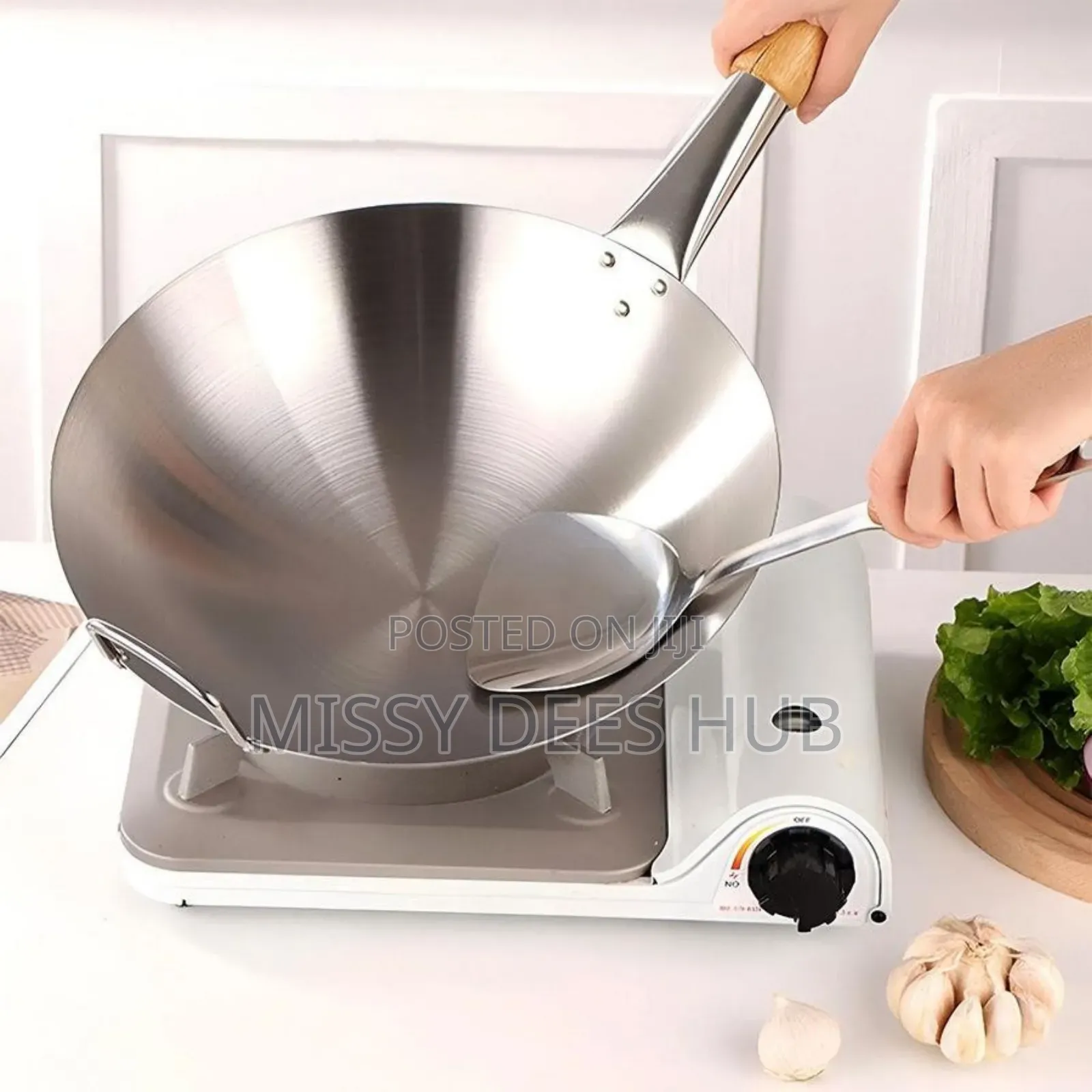 40cm Stainless Steel Wok With Long Wooden Handle