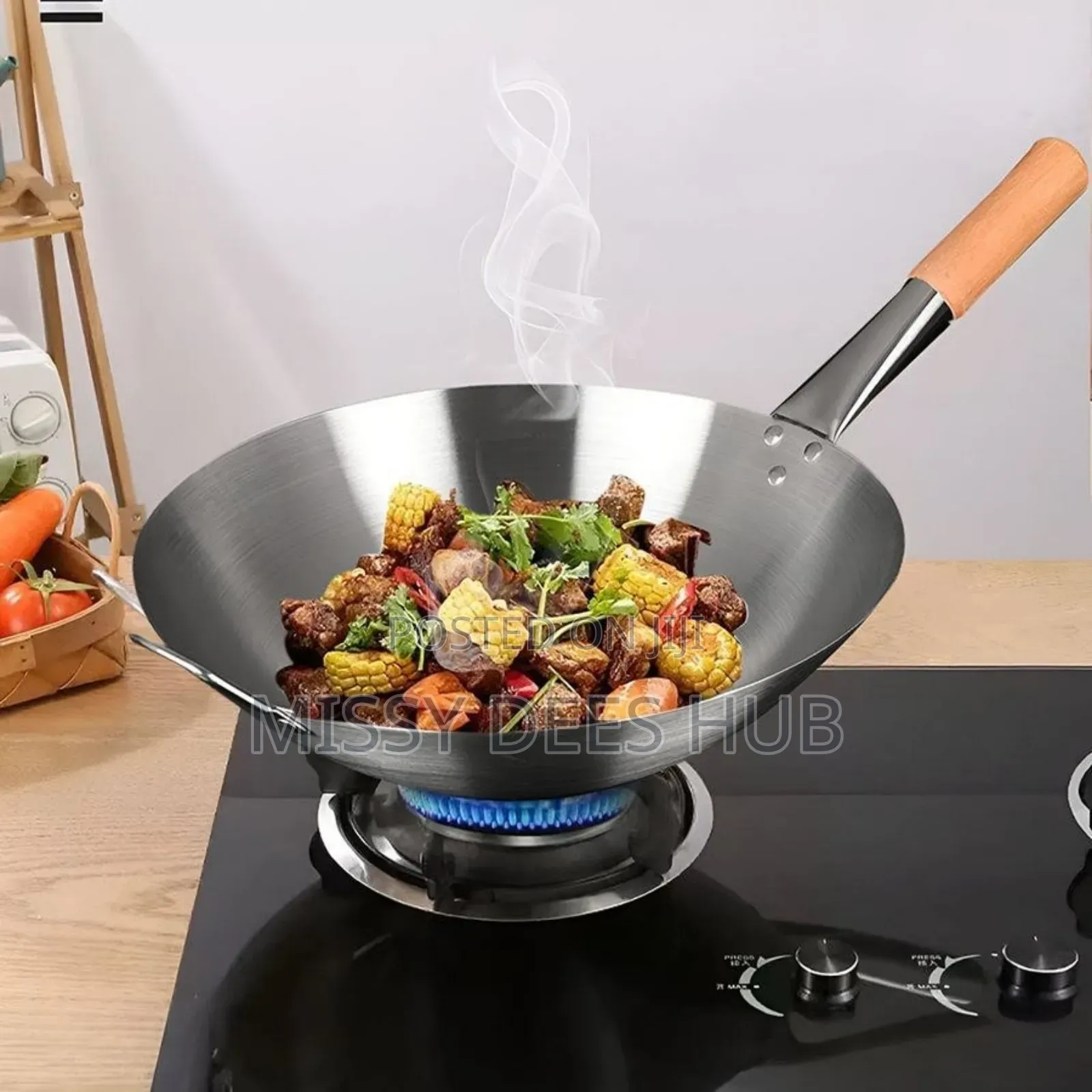 40cm Stainless Steel Wok With Long Wooden Handle