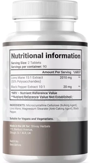 Lions Mane Mushroom 2000mg Per Serving +Black Pepper|180 Tab