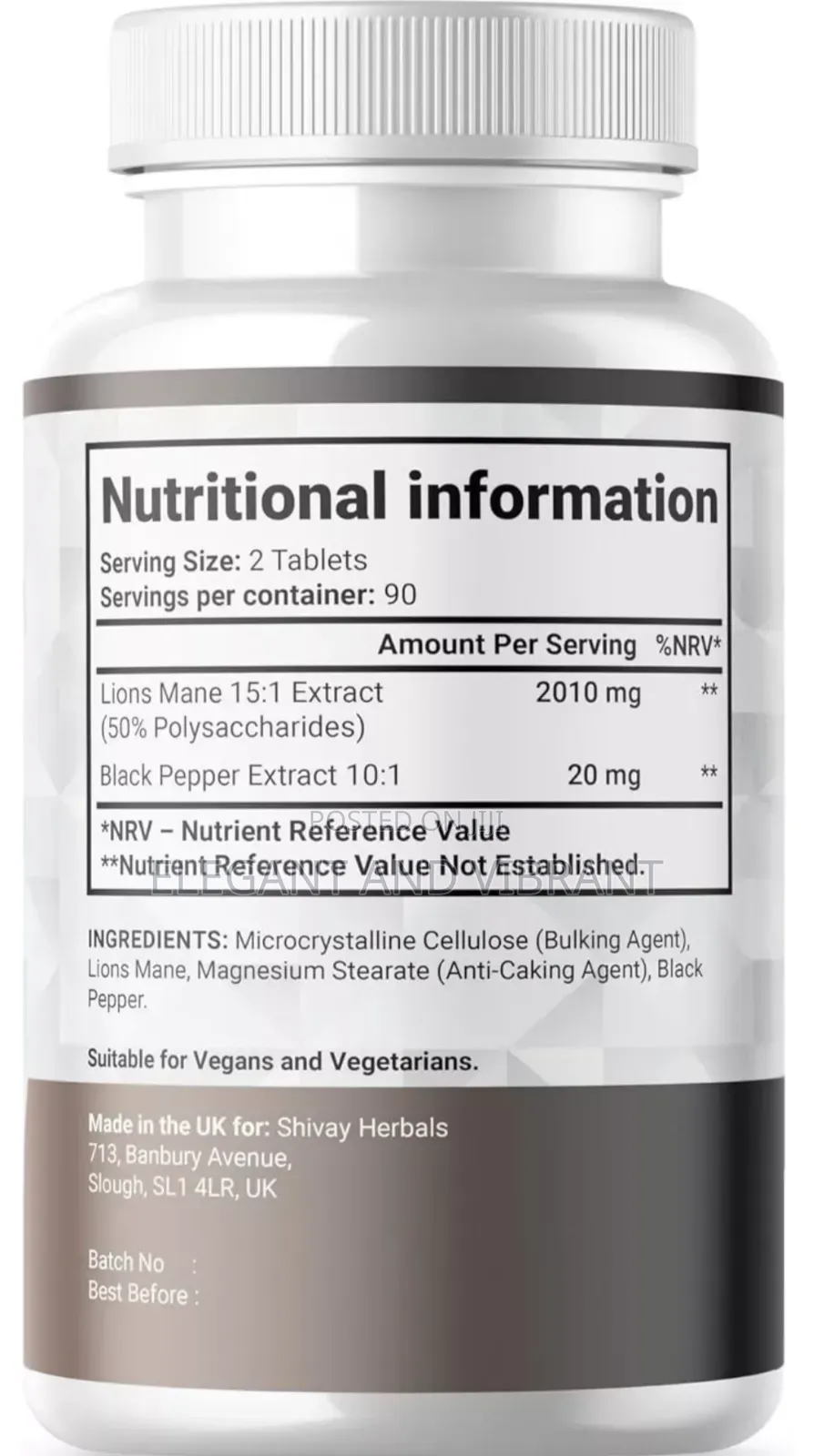Lions Mane Mushroom 2000mg Per Serving +Black Pepper|180 Tab