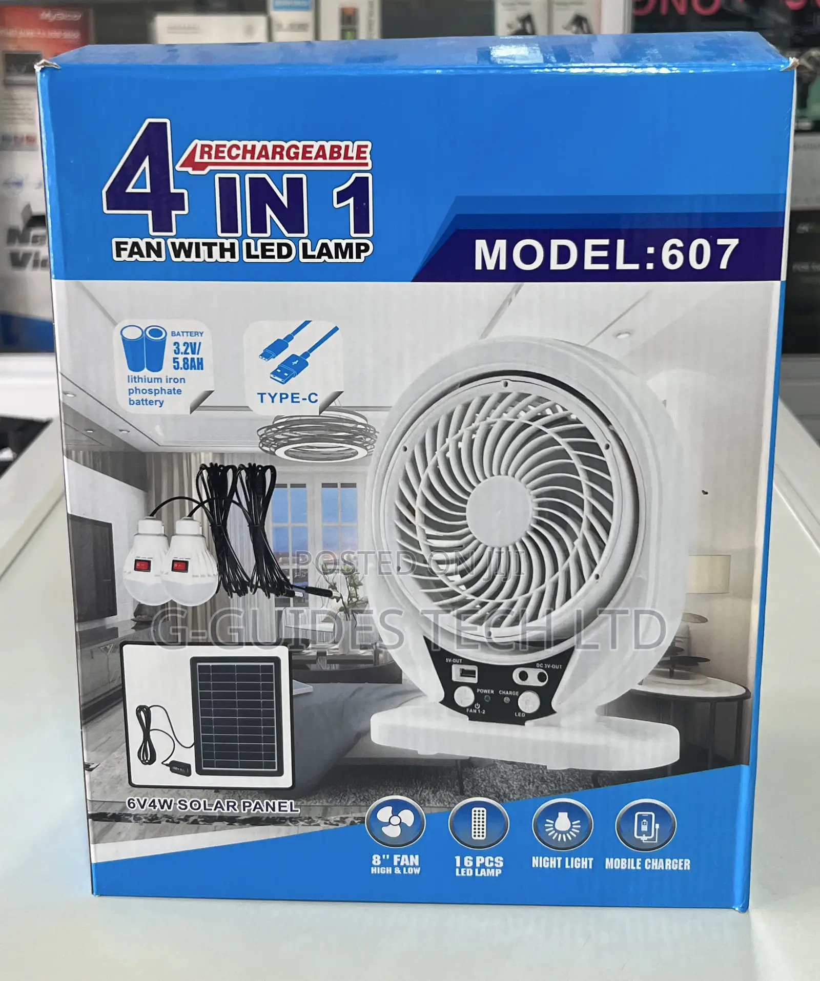 4 in 1 Rechargeable Solar Fan With Led Light 607