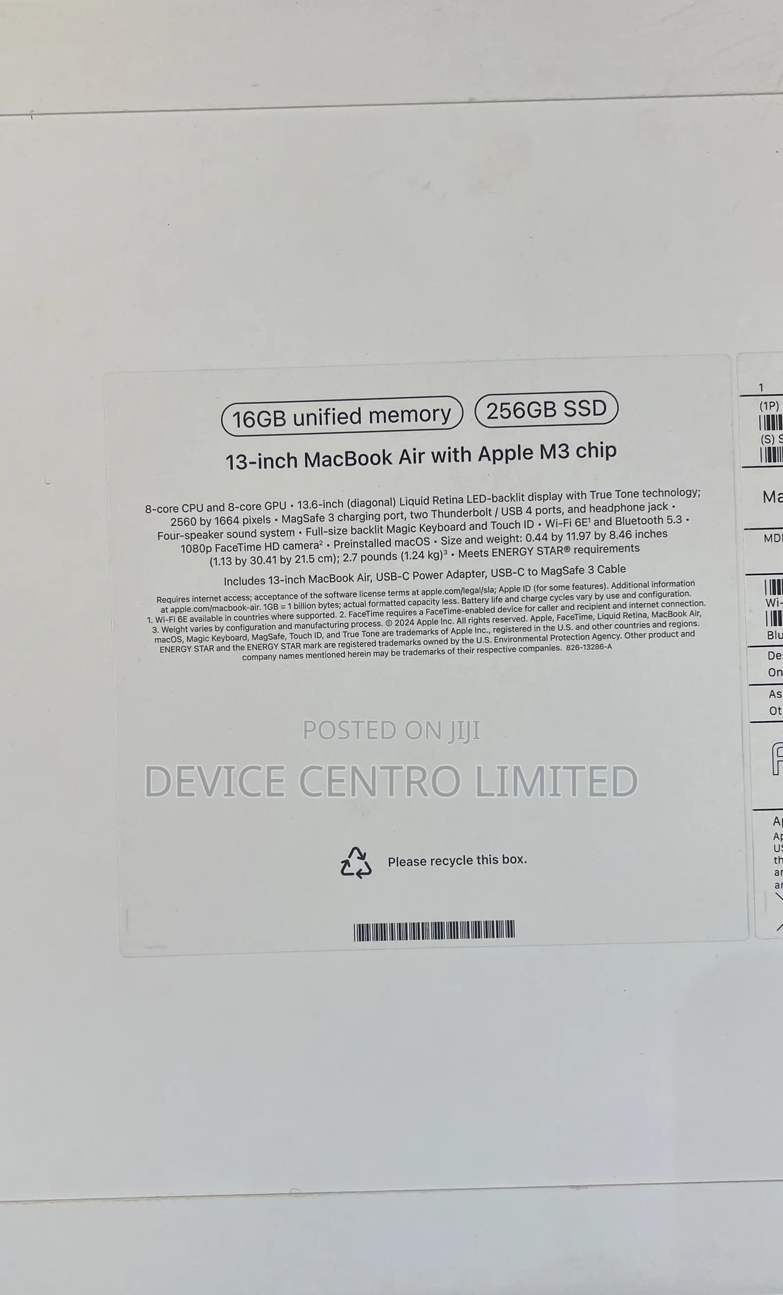 New Laptop Apple MacBook Air 2024 M3 13-Inch 16GB Apple M3 SSD 256GB