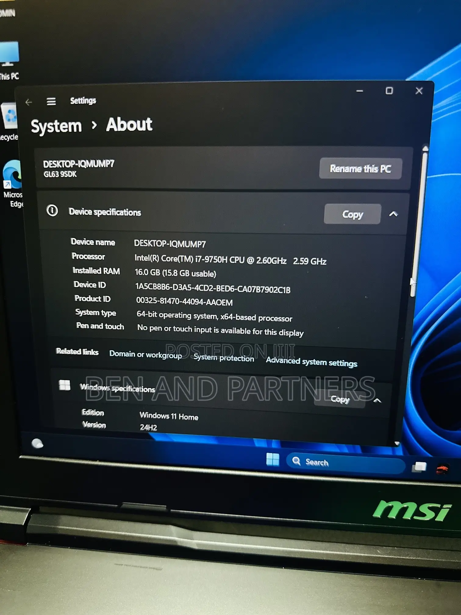 Laptop MSI GL63 8RC 16GB Intel Core i7 HDD+SSD 128GB