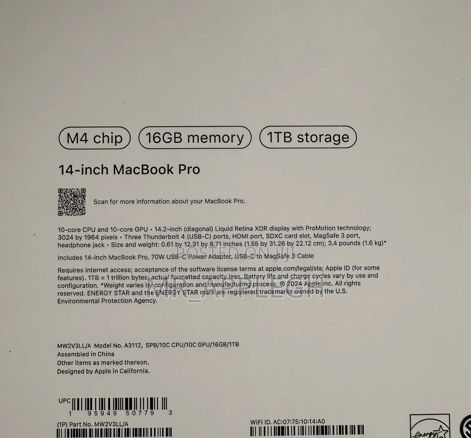 New Laptop Apple MacBook Pro 2024 M4 14-inch 16GB Apple M4 SSD 1T