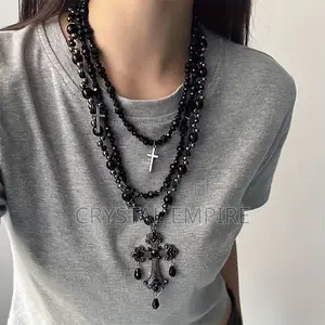 Black Long Pearl Cross Necklace